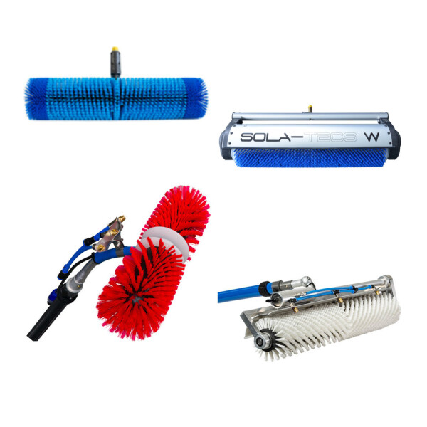 Rotating brush systems for solar cleaning and glass roofs