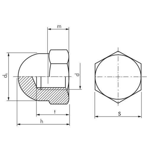 Dado a calotta, alto, DIN 1587, M 6, acciaio inox A2